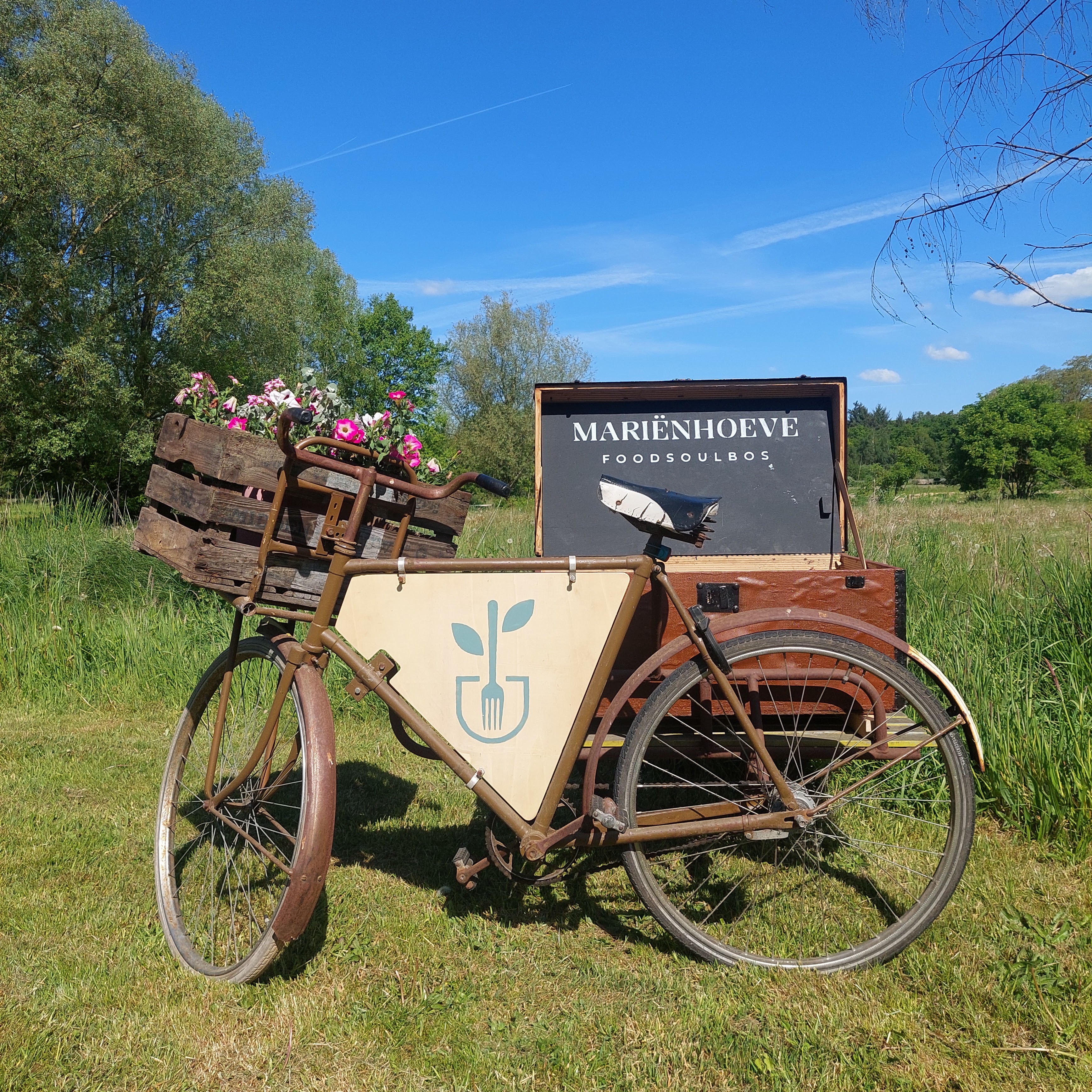 Luchtfoto van het foodsoulbos en de historische boerderij van Mariënhoeve